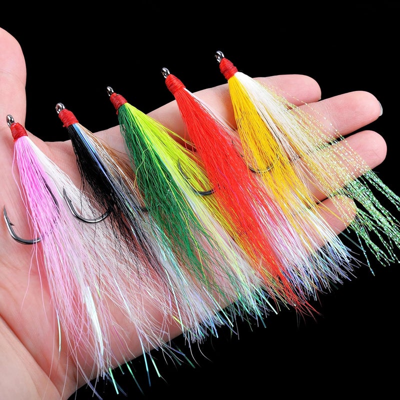 SILANON Fishing Bucktail Teaser Hooks,5pcs Saltwater Fishing Jig Teaser Lures with Carbon Steel Hooks Crystal Flash Flounder Rigs for Salmon Trout Sea Bass Steelhead - Image 4
